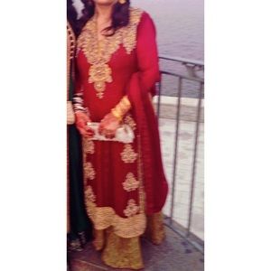 3 piece saree suit maroon and gold